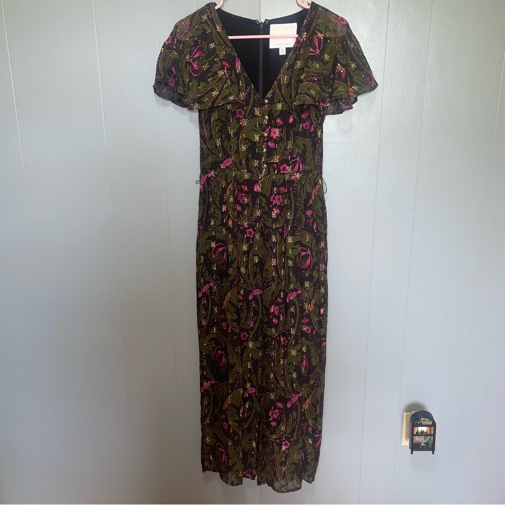 Anthropologie Ett:Twa Brenda Green and Pink Floral Jumpsuit Size 2